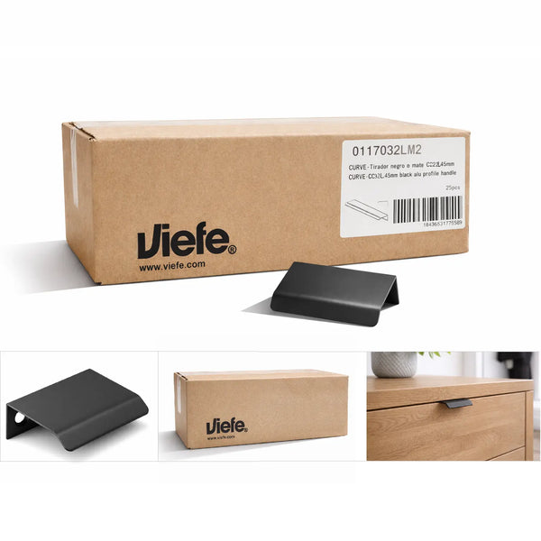 Cutie cu 25 de mânere mobilier Viefe Cruve, negru mat, 45 mm (interax 32 mm)