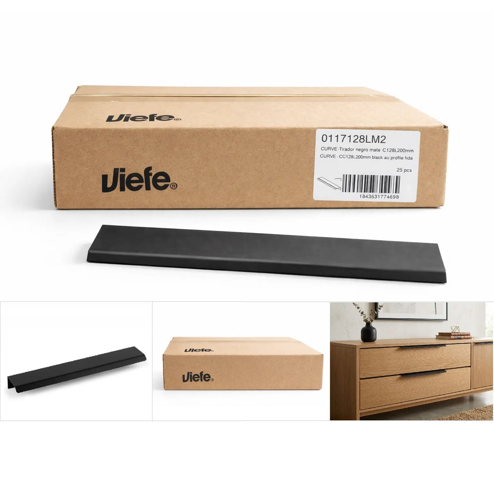 Cutie cu 25 de mânere mobilier Viefe, negru mat, 200 mm (interax 128 mm)