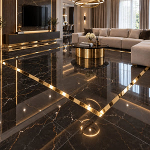 Profil T inox auriu lucios 15 si 30 mm, pardoseala neagra - LUSSOLINE