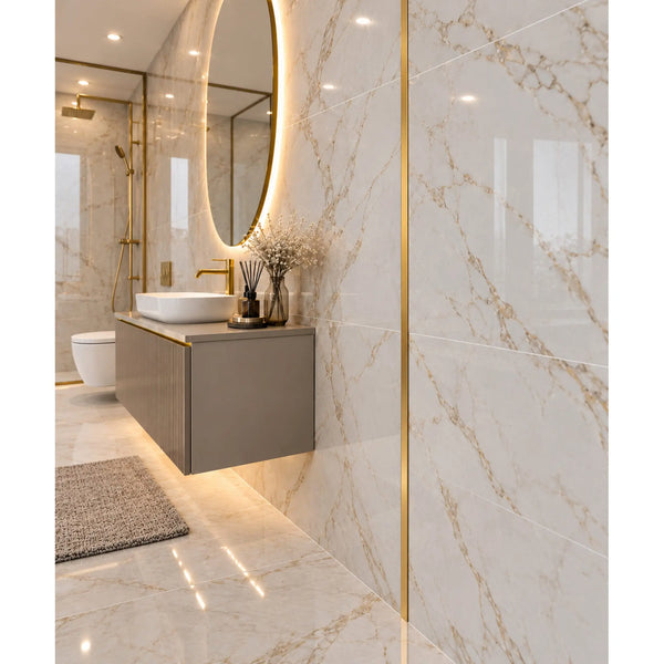 Profil T inox auriu periat 15 si 30 mm, perete de baie - LUSSOLINE