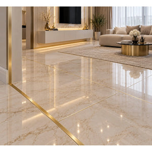 Profil T inox auriu periat 15 si 30 mm, pardoseala bej - LUSSOLINE