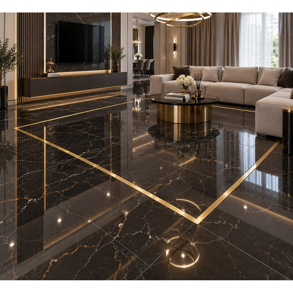 Profil T inox auriu periat 15 si 30 mm, pardoseala neagra - LUSSOLINE