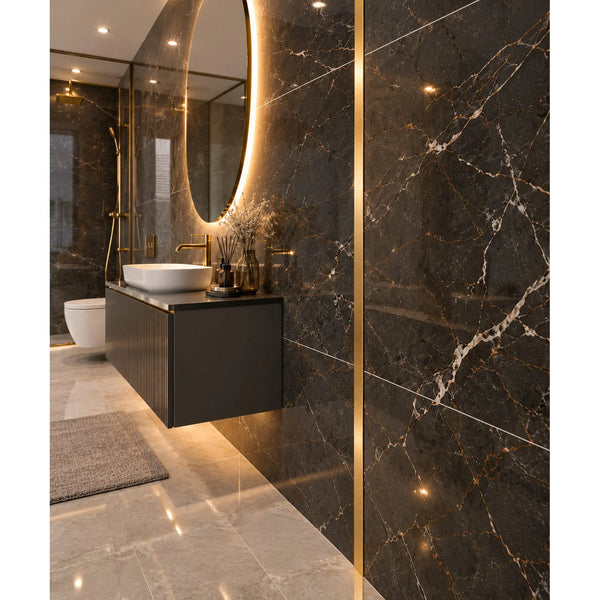 Profil T inox auriu periat 45 mm, linie verticala pe perete - LUSSOLINE