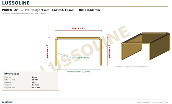 Schita cotata profil U inox 15 mm x 9 mm - LUSSOLINE