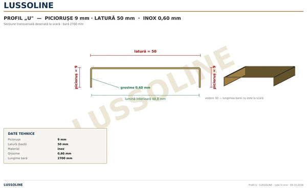 Schita cotata profil U inox 50 mm x 9 mm - LUSSOLINE