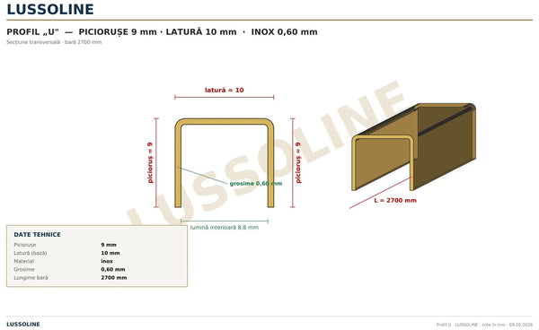 Schita cotata profil U inox 10 mm x 9 mm - LUSSOLINE