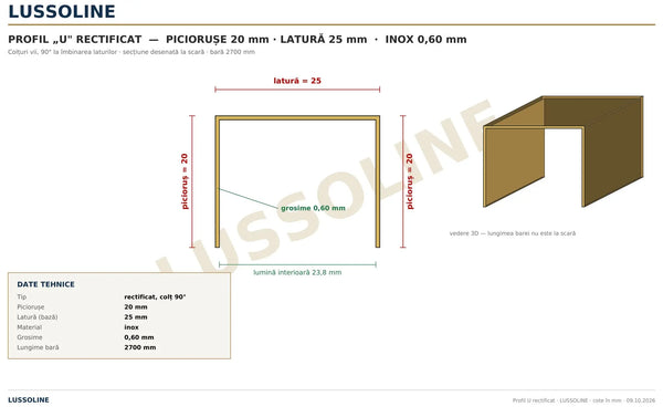 Schita cotata profil U inox rectificat 20 x 25 x 20 mm - LUSSOLINE