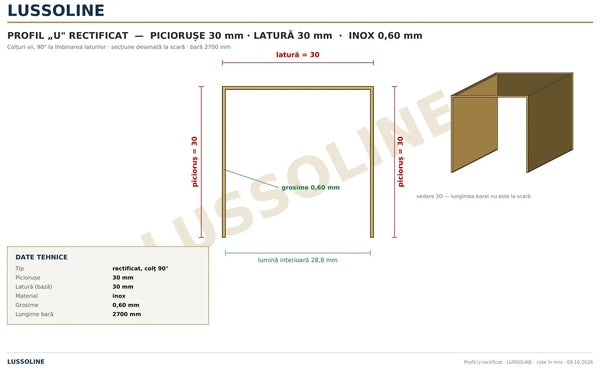 Schita cotata profil U inox rectificat 30 x 30 x 30 mm - LUSSOLINE