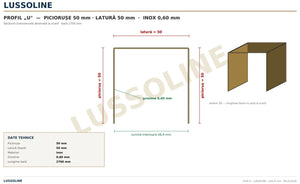 Schita cotata profil U inox 50 x 50 x 50 mm - LUSSOLINE