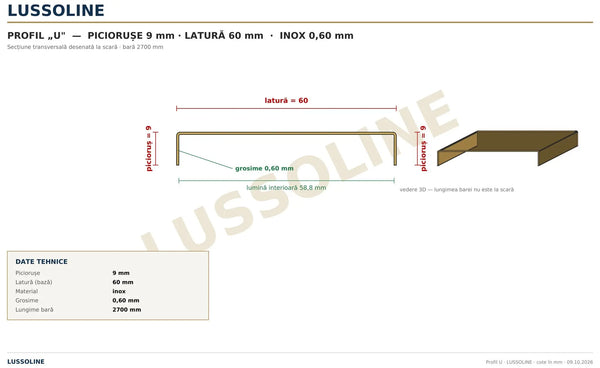 Schita cotata profil U inox 60 mm x 9 mm - LUSSOLINE