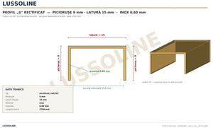 Schita cotata profil U inox rectificat 15 mm x 9 mm - LUSSOLINE