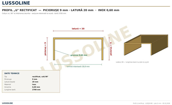 Schita cotata profil U inox rectificat 20 mm x 9 mm - LUSSOLINE