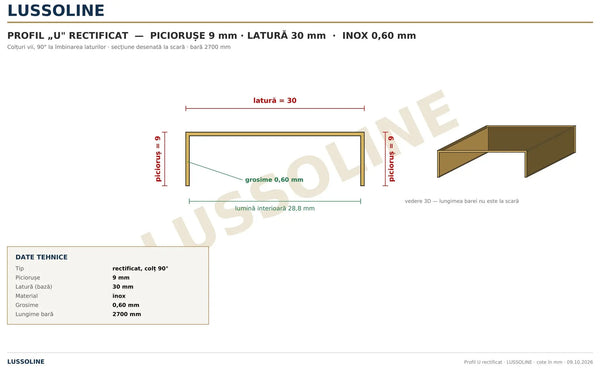Schita cotata profil U inox rectificat 30 mm x 9 mm - LUSSOLINE
