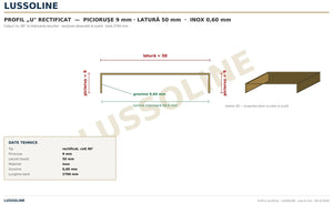 Schita cotata profil U inox rectificat 50 mm x 9 mm - LUSSOLINE
