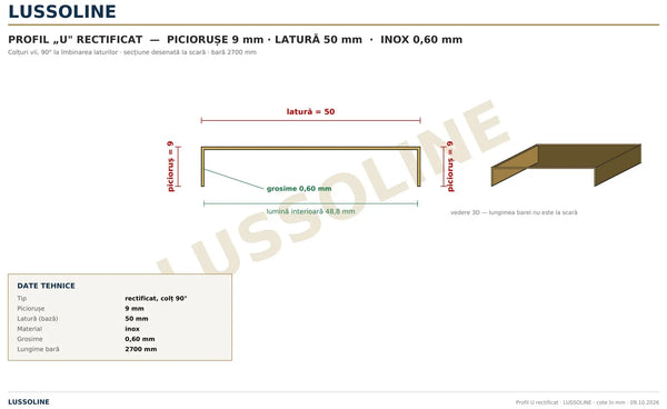 Schita cotata profil U inox rectificat 50 mm x 9 mm - LUSSOLINE
