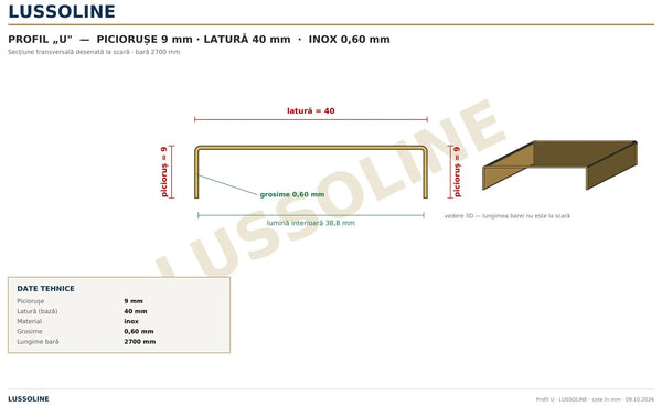 Schita cotata profil U inox 40 mm x 9 mm - LUSSOLINE
