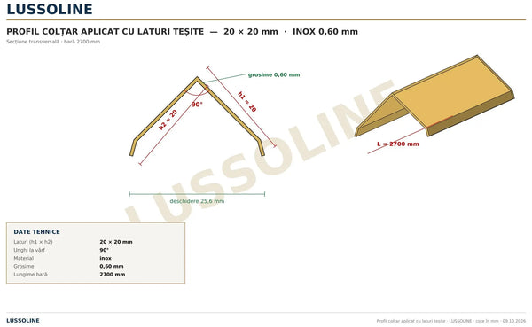 Schita cotata profil colt aplicat laturi tesite 20 x 20 mm - LUSSOLINE