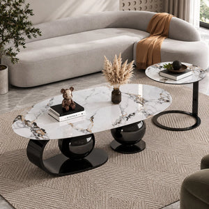 Set măsuțe cafea Nova CT2318, blat piatră sinterizată marmorată și baze sferice din inox negru lucios