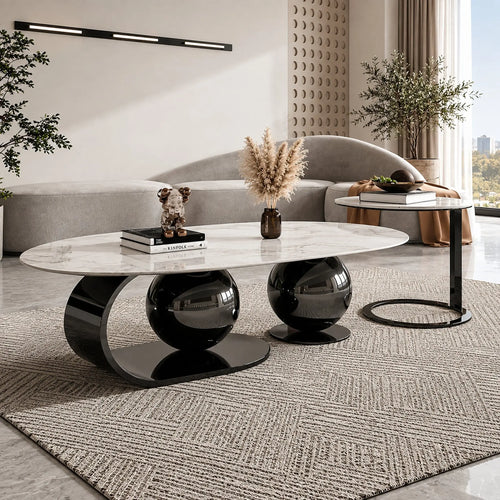 Set măsuțe cafea Nova CT2318, blat piatră sinterizată marmorată și baze sferice din inox negru lucios