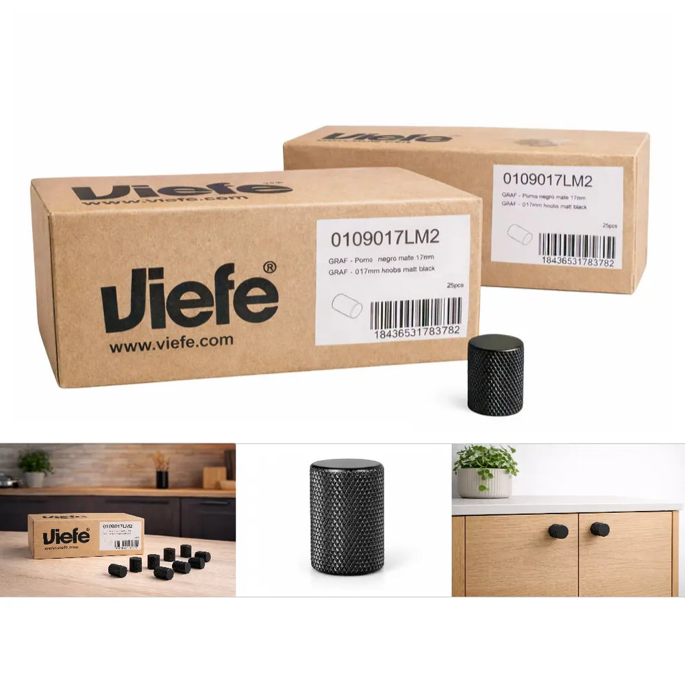Set 50 de butoni mobilier Viefe Graf, negru mat, 17,5 × 28 mm